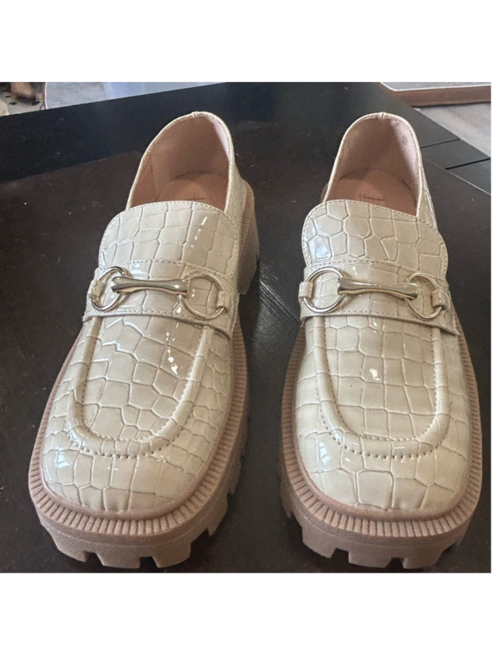 Urban Outfitters Cream Patent Croc-Embossed Loafers with Gold Bit